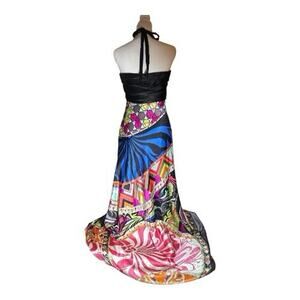 Cache Women’s XS Funky Print 90s‎ Y2K Long Maxi SILK Dress Retro Halter USA